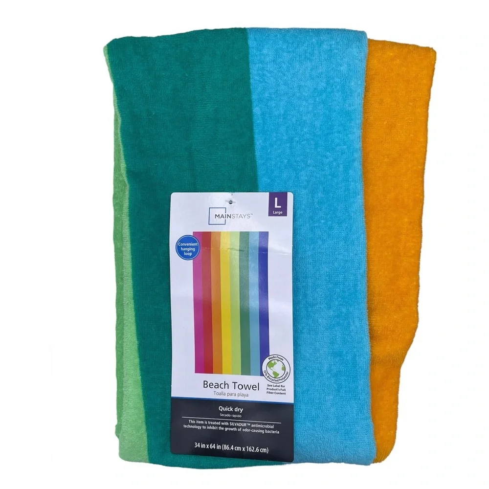 MAINSTAYS striped multicolor large beach towel quick dry 34”x64” hanging loop